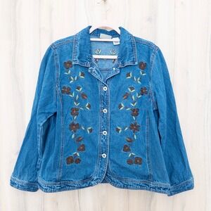 VTG Crystal Kobe Womens Embroidered Denim Jacket Size S Blue Floral Cottage Boho